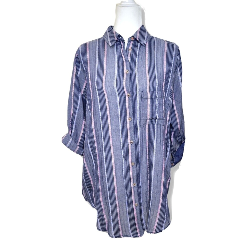 Pilcro The Bo Boyfriend Embroidered Oversized Small Button down Shirt Blue Stipe - Picture 2 of 9